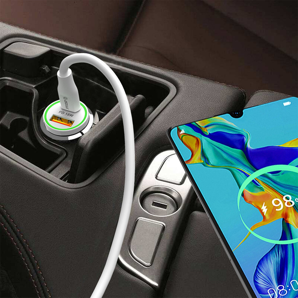 EC09P-CC-WH 18W Car Charger PD & 2.4A USB with 3ft C to C cable - ESoulk PD USB-C 18W Cargador de Carro con Cable USB-C a USB-C