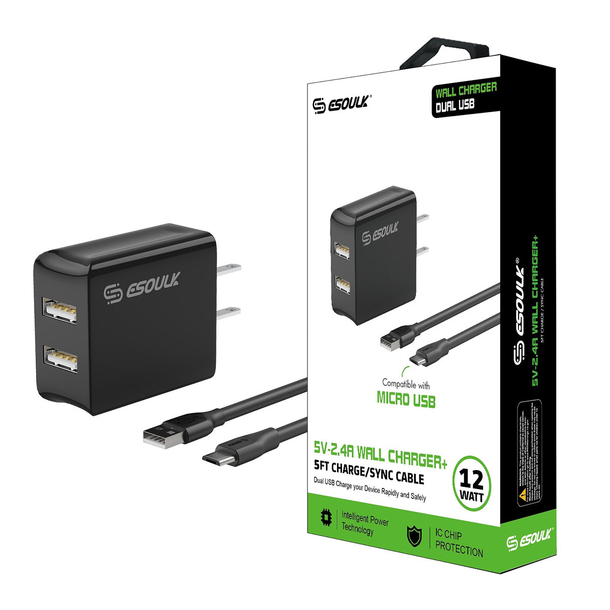 EC44P-MU-BK 2.4A Dual USB Wall Adapter - Cargador de pared USB doble ESOULK de 12 W