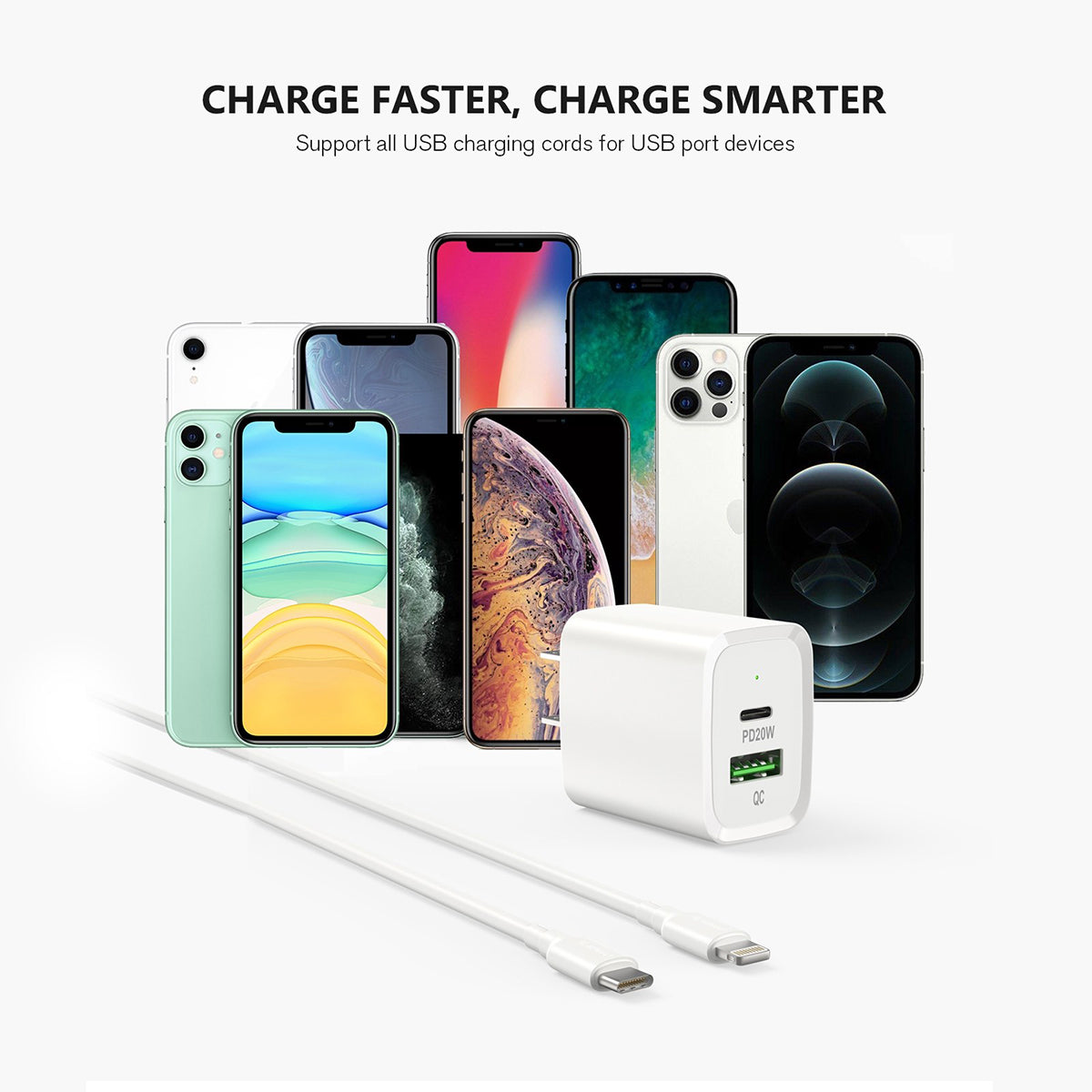 EC49-CL-WH 20W PD/QC Wall Charger & 5FT Cable for C to 8pin - ESoulk Carga Rápida 20W Cargador de Pared - Entrega Energía - Cable USB-C 5 pies a 8 pines