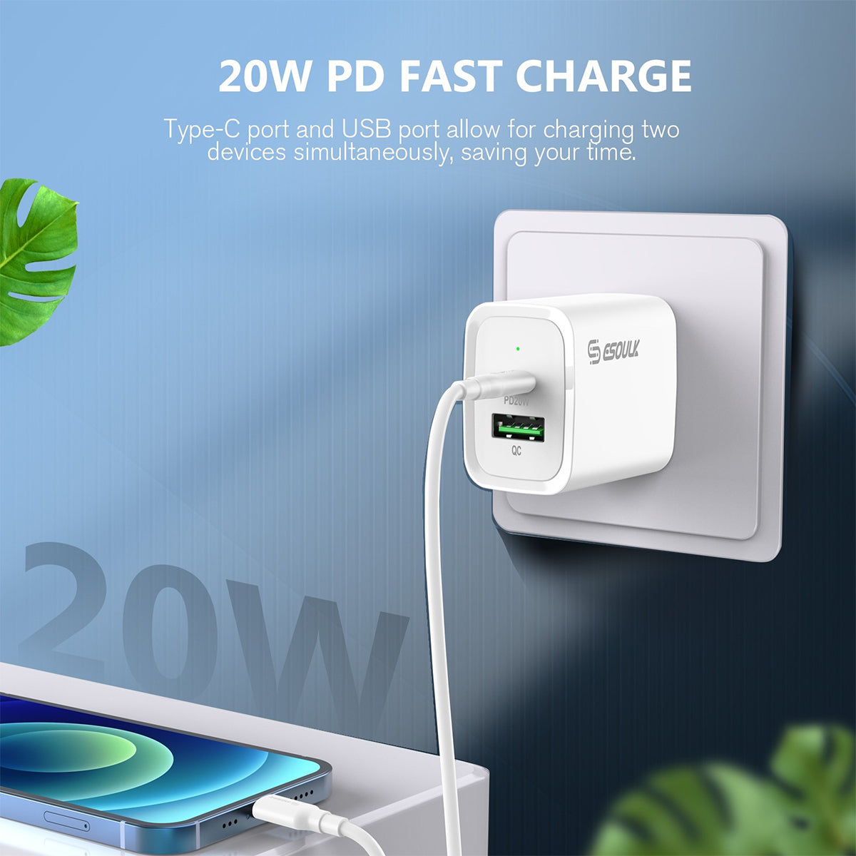 EC49-CL-WH 20W PD/QC Wall Charger & 5FT Cable for C to 8pin - ESoulk Carga Rápida 20W Cargador de Pared - Entrega Energía - Cable USB-C 5 pies a 8 pines