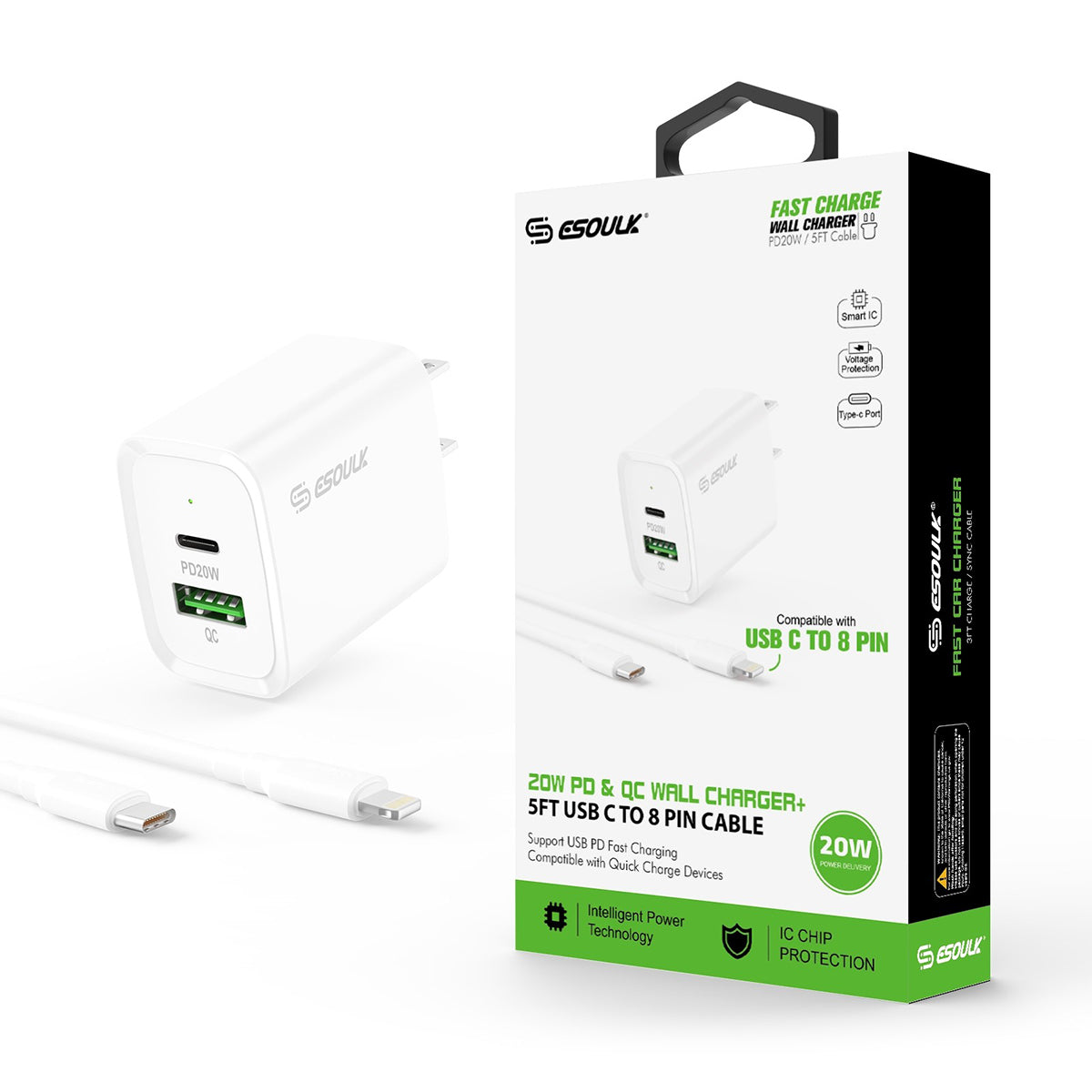EC49-CL-WH 20W PD/QC Wall Charger & 5FT Cable for C to 8pin - ESoulk Carga Rápida 20W Cargador de Pared - Entrega Energía - Cable USB-C 5 pies a 8 pines