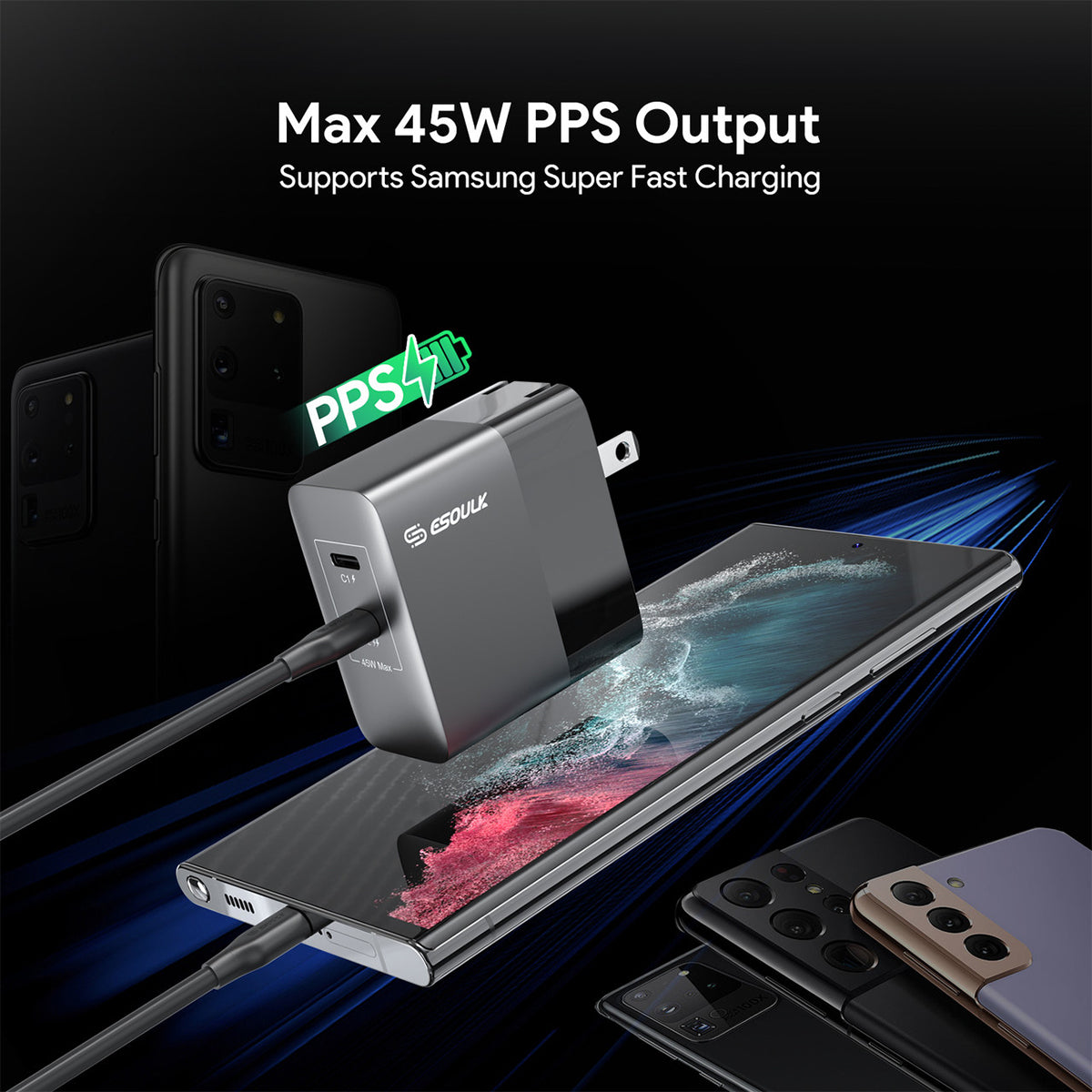 EK-2002BK 45W PD Dual Type-C FAST WALL CHARGER - Esoulk cargador de pared rápido de suministro de energía USB-C de 45 W