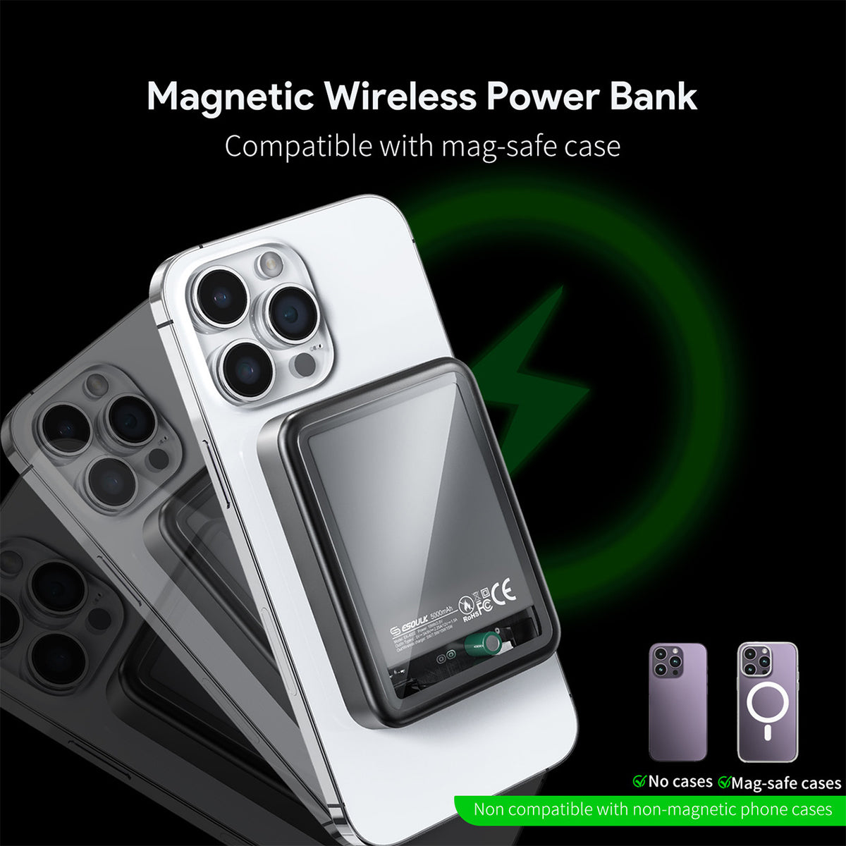 EK-4002BK 5000mAh Magnetic Wireless Charging Power Bank(6/36) Aluminum Alloy/ Transparent Case -ESoulk 20W 5000mAh Cargador Magnético Inalámbrico - Tecn. Carga Rápida QI