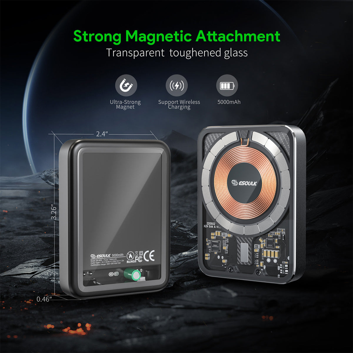 EK-4002BK 5000mAh Magnetic Wireless Charging Power Bank(6/36) Aluminum Alloy/ Transparent Case -ESoulk 20W 5000mAh Cargador Magnético Inalámbrico - Tecn. Carga Rápida QI