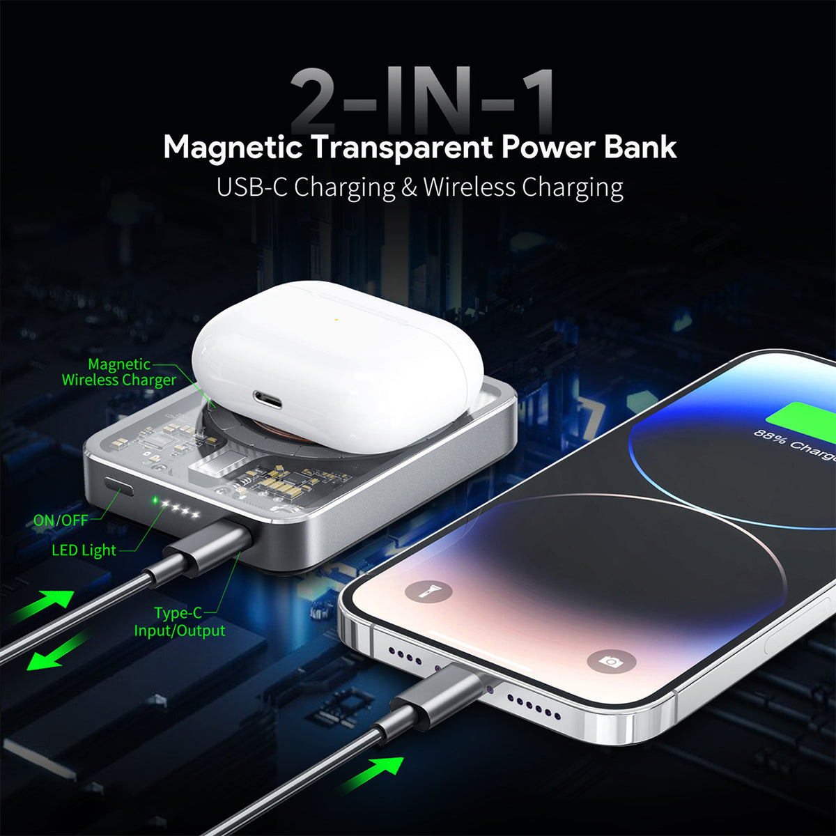 EK-4002BK 5000mAh Magnetic Wireless Charging Power Bank(6/36) Aluminum Alloy/ Transparent Case -ESoulk 20W 5000mAh Cargador Magnético Inalámbrico - Tecn. Carga Rápida QI