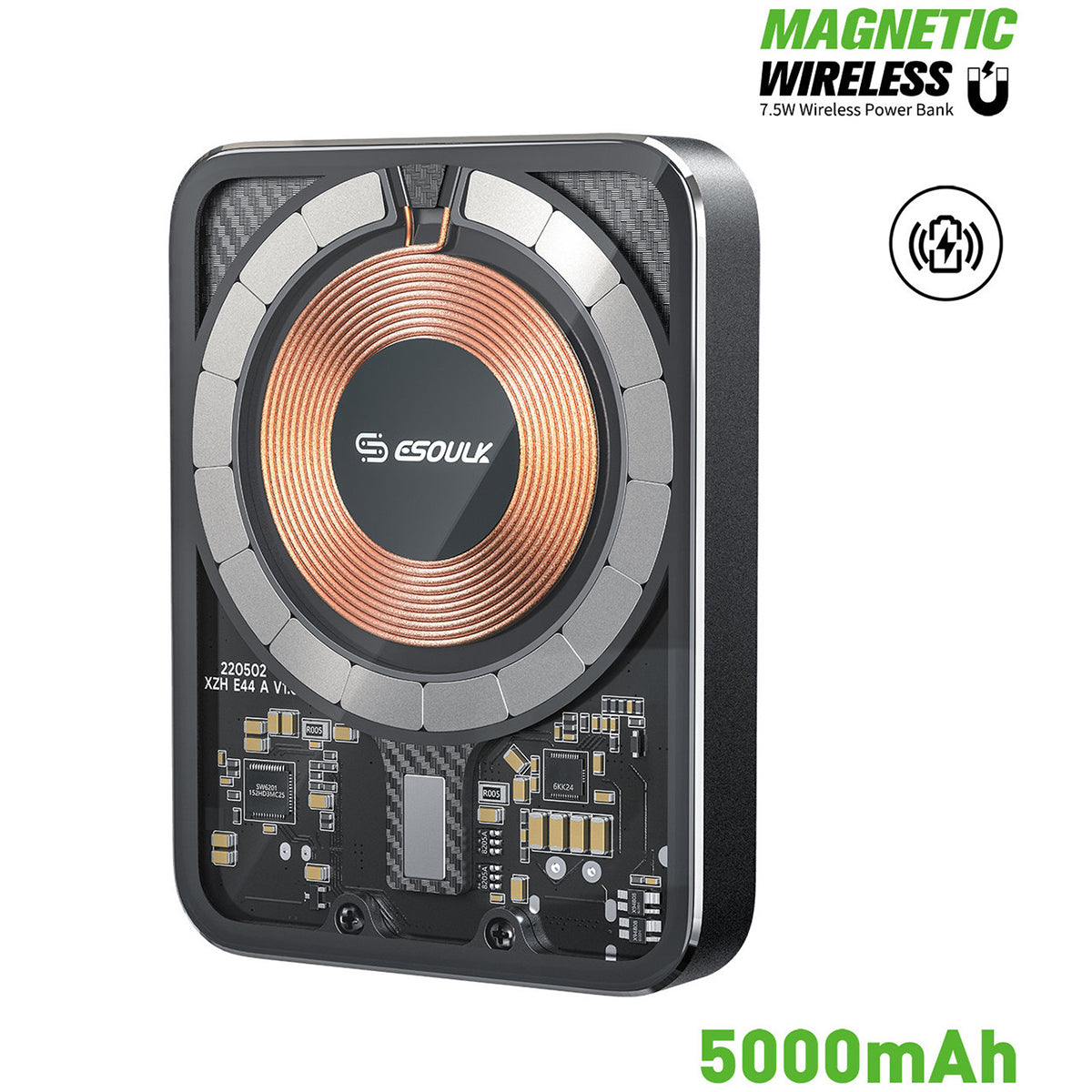 EK-4002BK 5000mAh Magnetic Wireless Charging Power Bank(6/36) Aluminum Alloy/ Transparent Case -ESoulk 20W 5000mAh Cargador Magnético Inalámbrico - Tecn. Carga Rápida QI