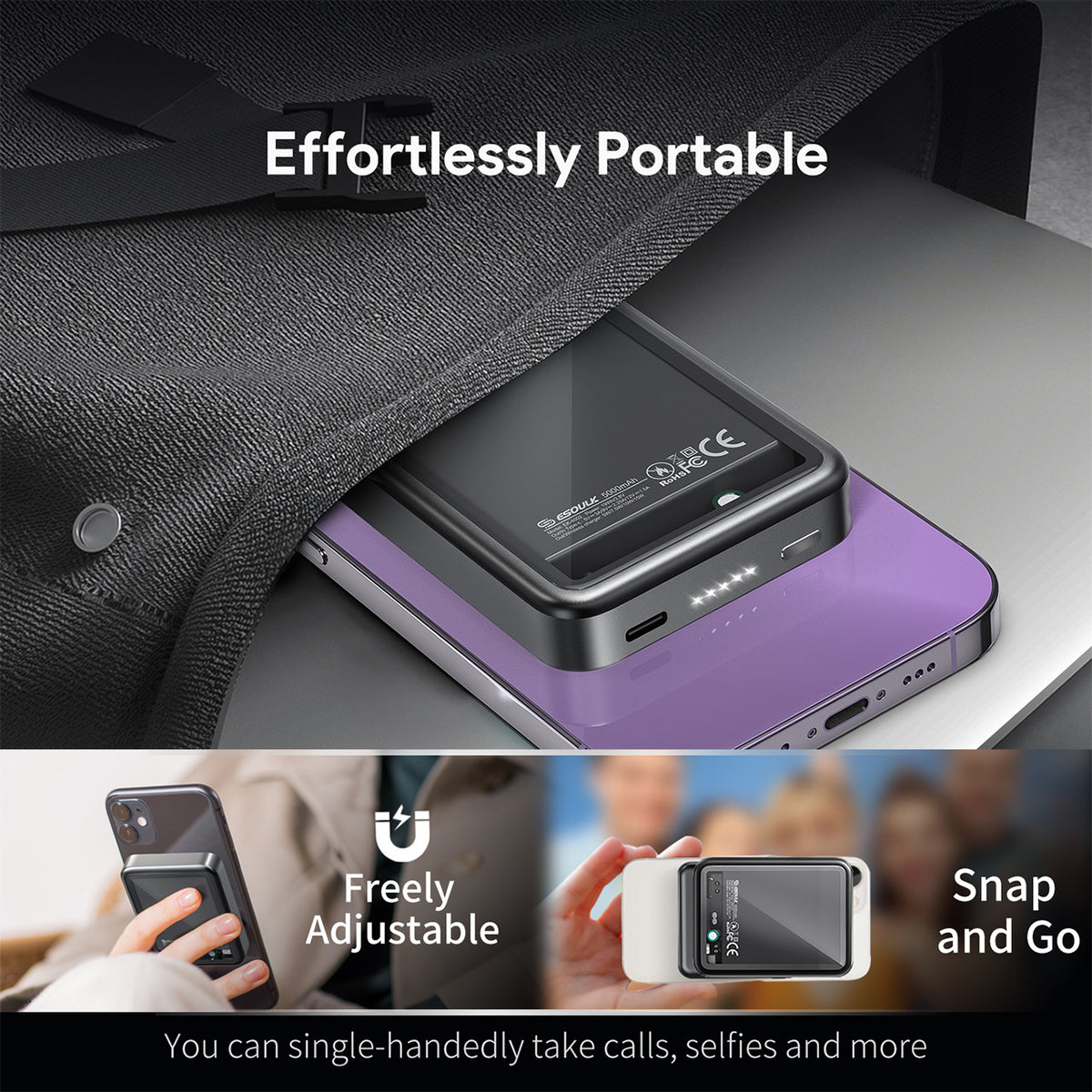EK-4002BK 5000mAh Magnetic Wireless Charging Power Bank(6/36) Aluminum Alloy/ Transparent Case -ESoulk 20W 5000mAh Cargador Magnético Inalámbrico - Tecn. Carga Rápida QI
