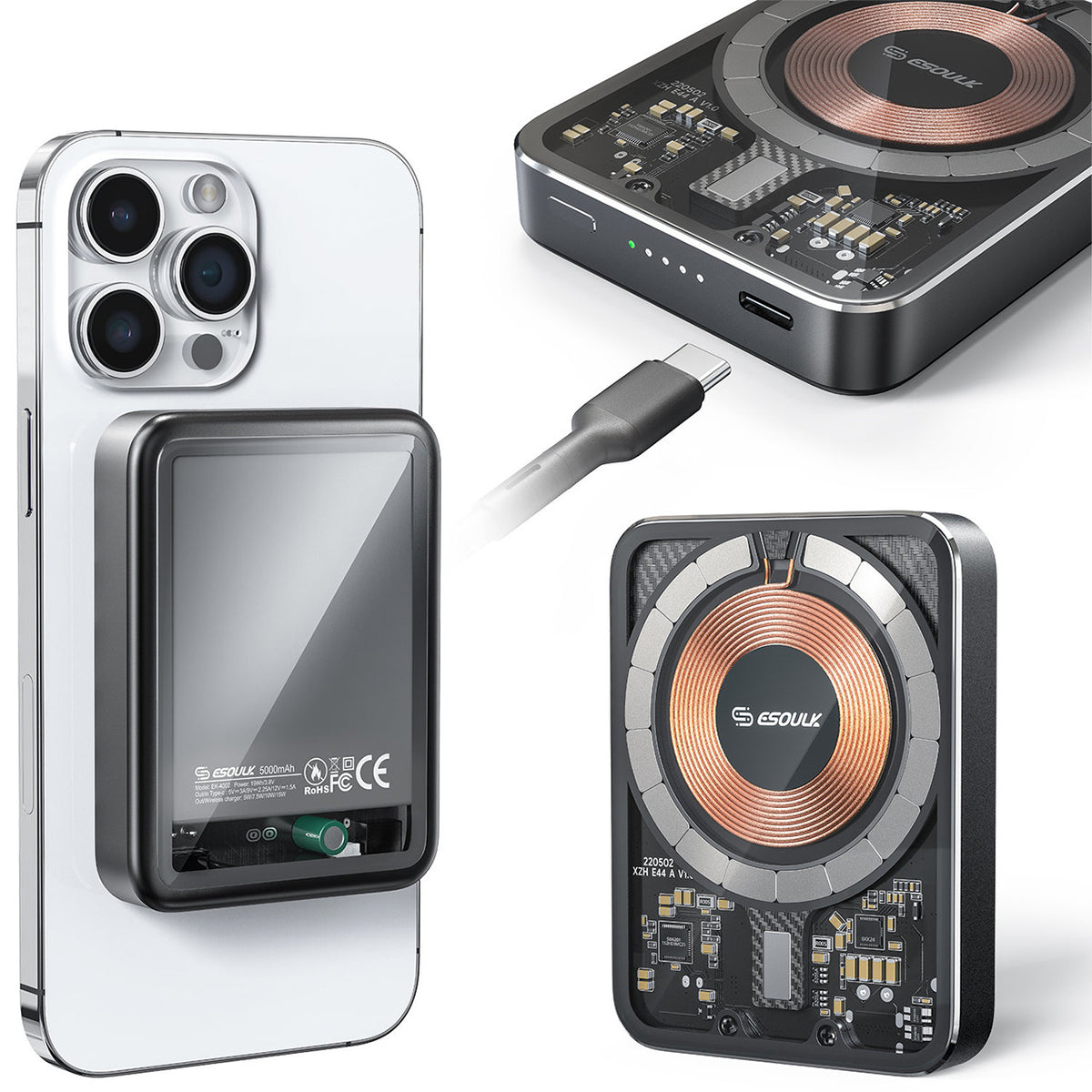 EK-4002BK 5000mAh Magnetic Wireless Charging Power Bank(6/36) Aluminum Alloy/ Transparent Case -ESoulk 20W 5000mAh Cargador Magnético Inalámbrico - Tecn. Carga Rápida QI
