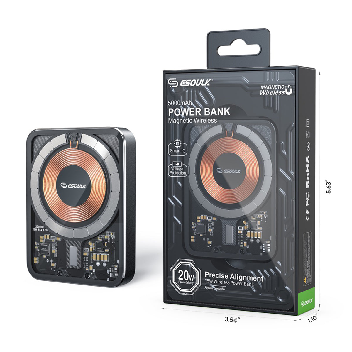 EK-4002BK 5000mAh Magnetic Wireless Charging Power Bank(6/36) Aluminum Alloy/ Transparent Case -ESoulk 20W 5000mAh Cargador Magnético Inalámbrico - Tecn. Carga Rápida QI