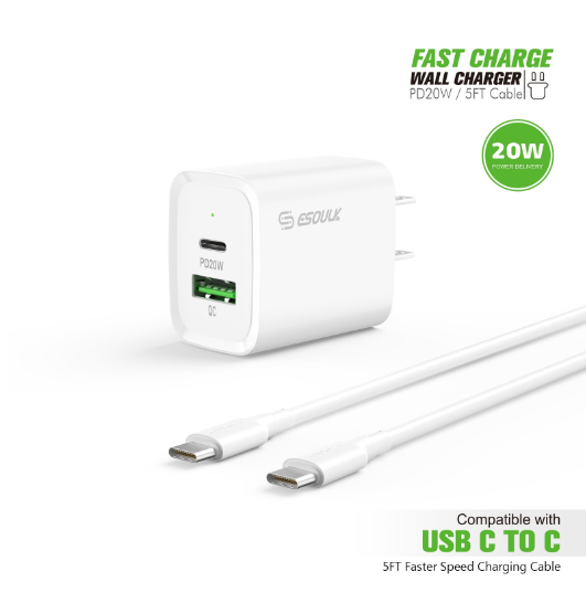 EC49-CC-WH 20W PD/QC Wall Charger & 5FT Cable for C to C - ESoulk PD USB-C 20W Cargador de Pared Rápido con Cable USB-C a C (5 pies)