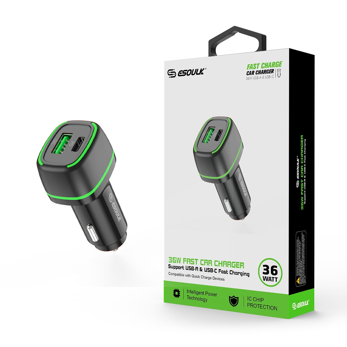 EA15-BK 36W FAST CAR CHARGER 18W PD+18W QC -ESoulk Cargador de Coche Rápido 36W - PD 18W y QC 18W - Doble USB - Protecciones Integradas