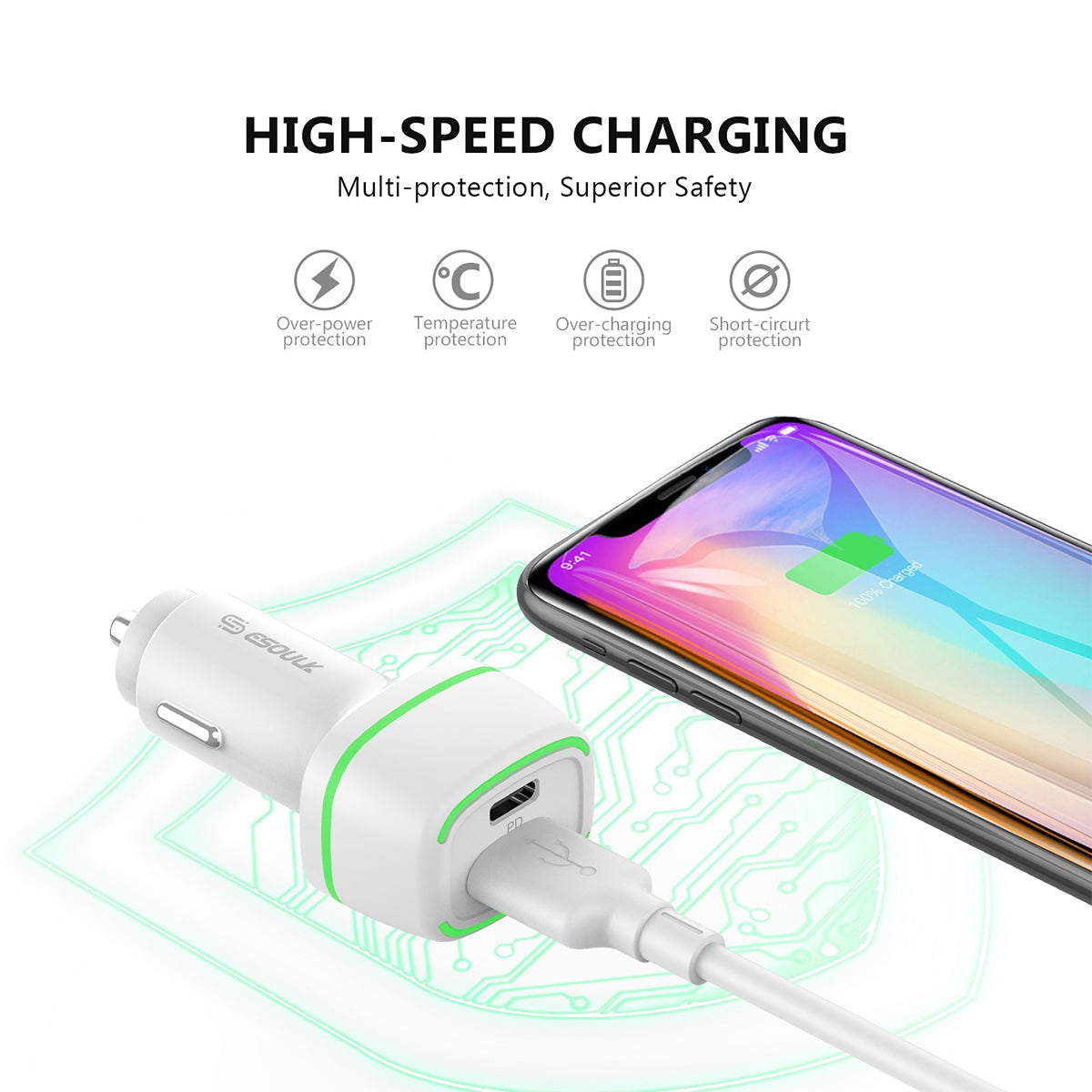 EA15-WH 36W FAST CAR CHARGER 18W PD+18W QC - ESoulk EA15 36W Cargador Rápido Coche - 2 Puertos USB PD/QC