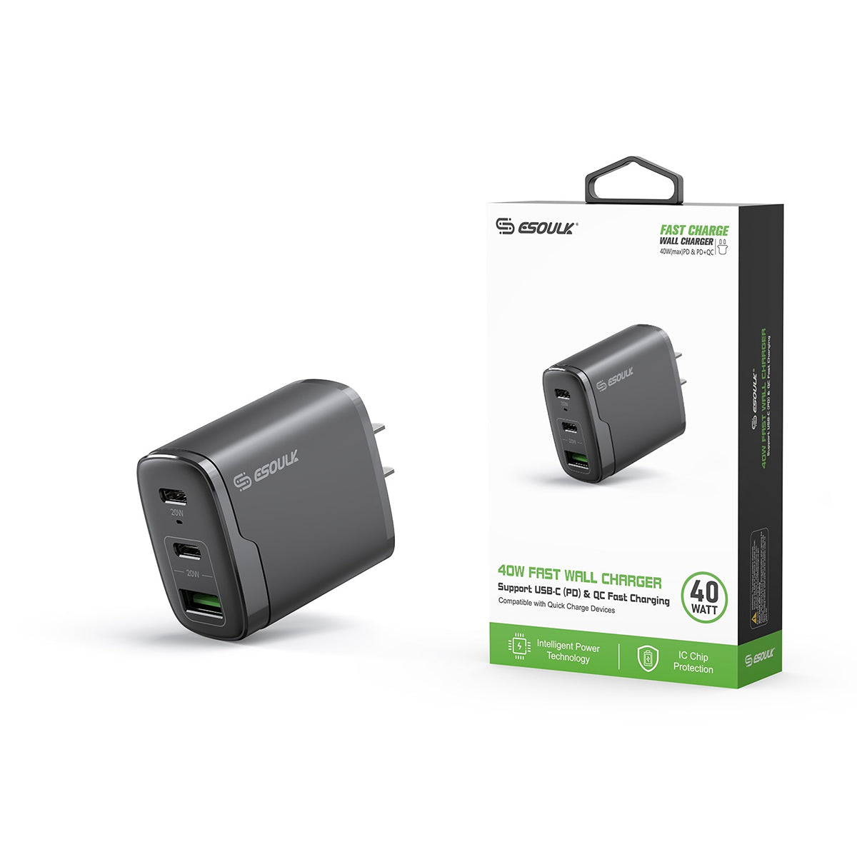 EA18-BK 40W Dual PD+QC Fast Wall Charger - ESoulk Rápido 40W Dual PD+QC Cargador de Pared