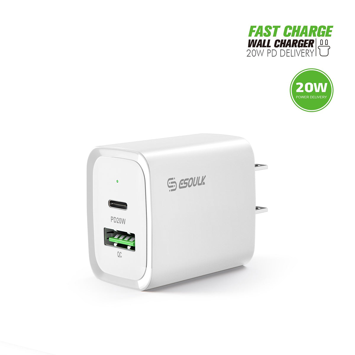 EA20-BK 20W PD&QC Fast Wall Charger - ESoulk Rápido 20W PD+QC Cargador de Pared