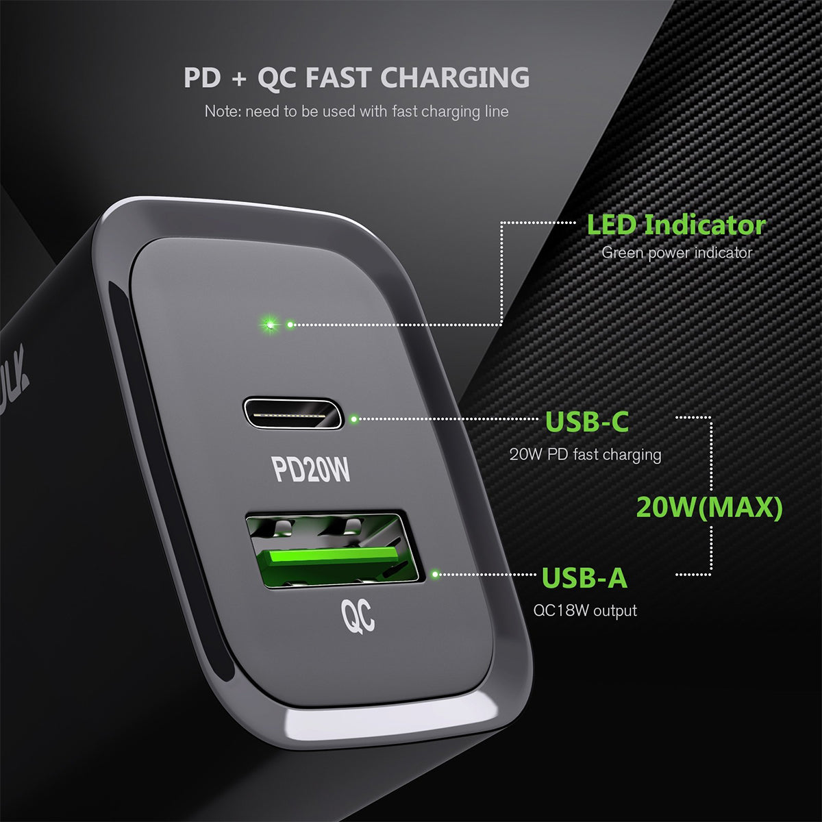 EA20-BK 20W PD&QC Fast Wall Charger - ESoulk Rápido 20W PD+QC Cargador de Pared