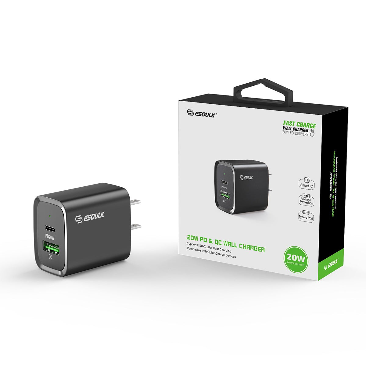 EA20-BK 20W PD&QC Fast Wall Charger - ESoulk Rápido 20W PD+QC Cargador de Pared