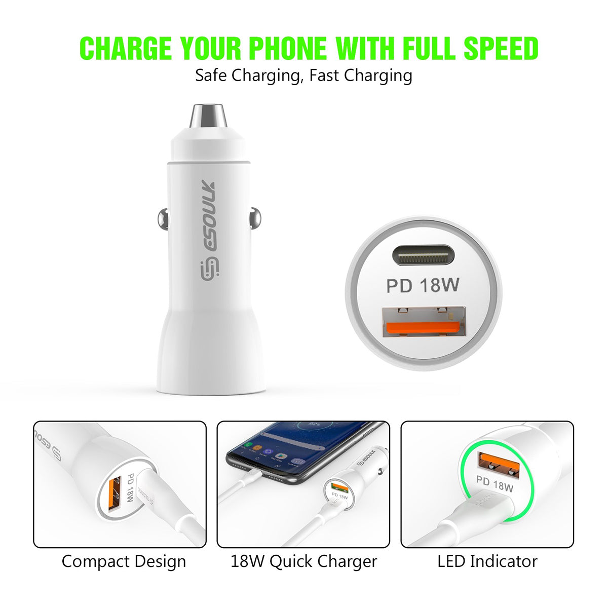 EC09P-CC-WH 18W Car Charger PD & 2.4A USB with 3ft C to C cable - ESoulk PD USB-C 18W Cargador de Carro con Cable USB-C a USB-C