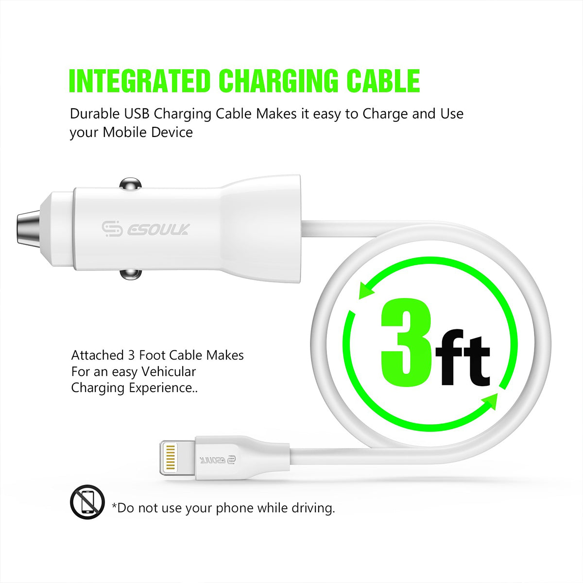 EC09P-CL-WH 18W Car Charger PD&2.4A USB with 3ft C to 8Pin cable - ESoulk PD USB-A 18W Cargador de Coche con Cable C a iPhone (3 pies) - MFi