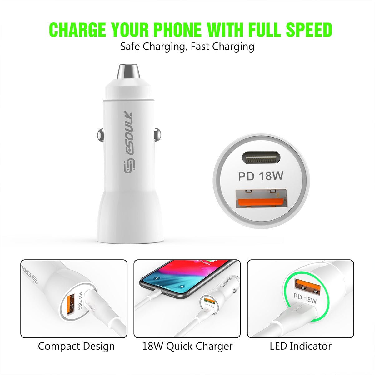 EC09P-CL-WH 18W Car Charger PD&2.4A USB with 3ft C to 8Pin cable - ESoulk PD USB-A 18W Cargador de Coche con Cable C a iPhone (3 pies) - MFi