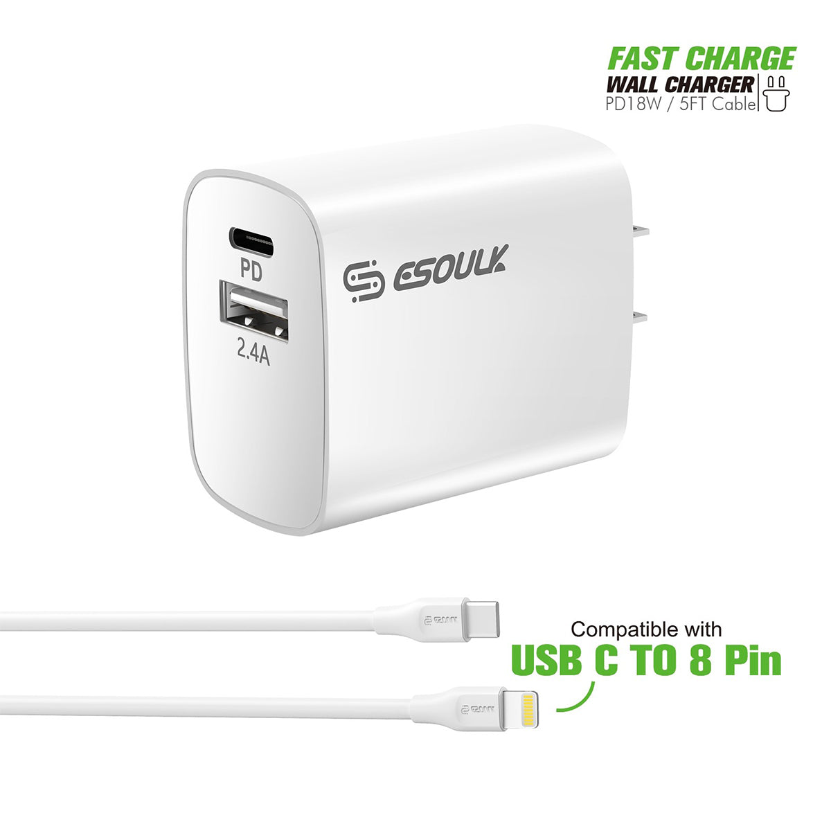 EC10P-CL-WH 18W Wall Charger PD&2.4A USB with 5ft C to 8Pin cable - ESoulk PD USB-A 18W Cargador de Pared con Cable USB-C a Lightning (5 pies)
