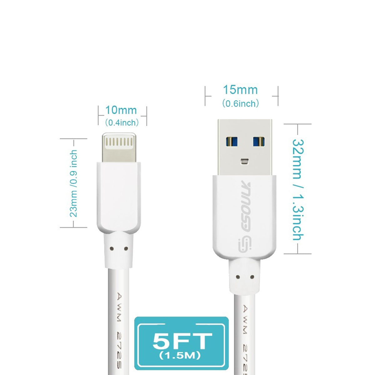 EC30P-IP-WH Esoulk 5FT Round Cable For 8Pin - ESoulk cable de carga rápida EC30P