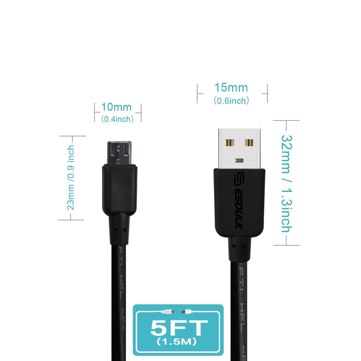 EC30P-MU-BK Esoulk 5FT Round Cable For V9 - Cable de Carga Rápido ESOULK EC30P V9 para iPhone/iPad/iPod