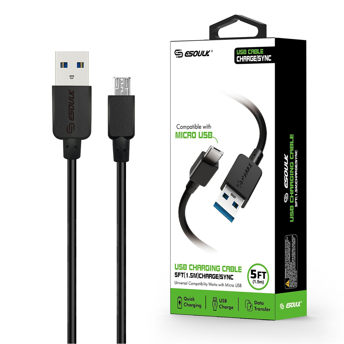 EC30P-MU-BK Esoulk 5FT Round Cable For V9 - Cable de Carga Rápido ESOULK EC30P V9 para iPhone/iPad/iPod