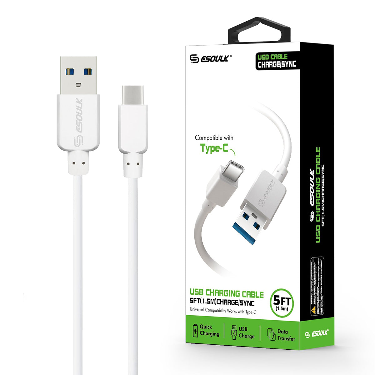 EC30P-TPC-WH Esoulk 5FT Round Cable For Type-C - ESoulk cable de carga rápida USB Tipo C