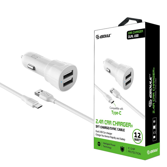 EC43P-TPC-WH 2.4A Dual USB Car charger & 5FT Cable for Type-C - ESoulk juego Cargador Coche USB Doble 2.4A 8 Pines