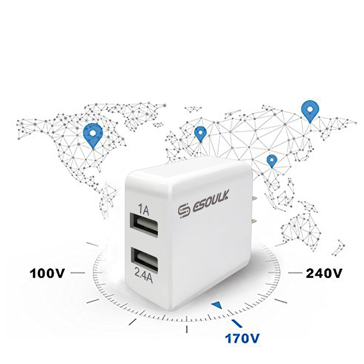 EC44P-IP-WH 2.4A Dual USB Wall Charger & 5FT Cable for 8Pin - ESoulk Juego Cargador Enchufe 5 Pies