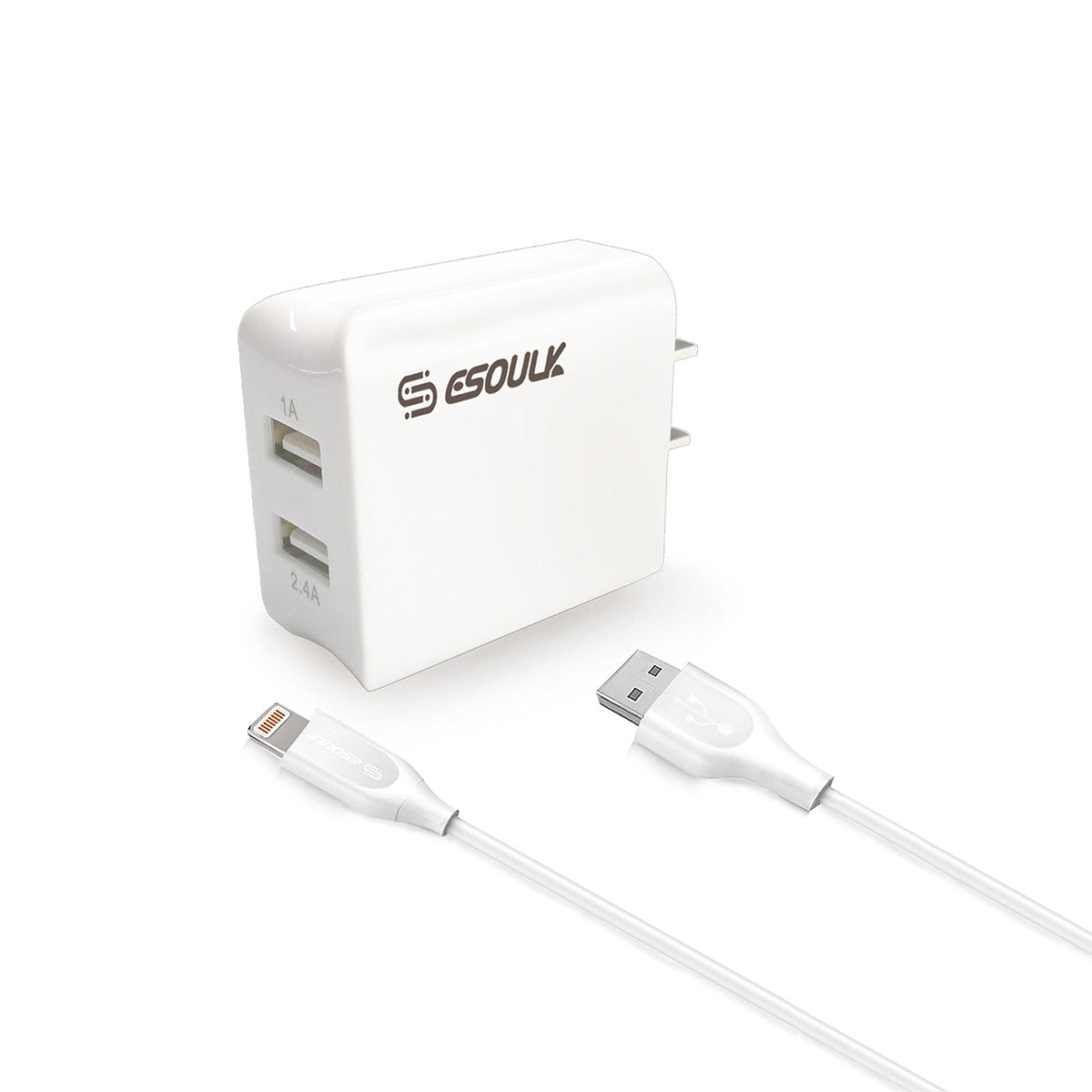 EC44P-IP-WH 2.4A Dual USB Wall Charger & 5FT Cable for 8Pin - ESoulk Juego Cargador Enchufe 5 Pies