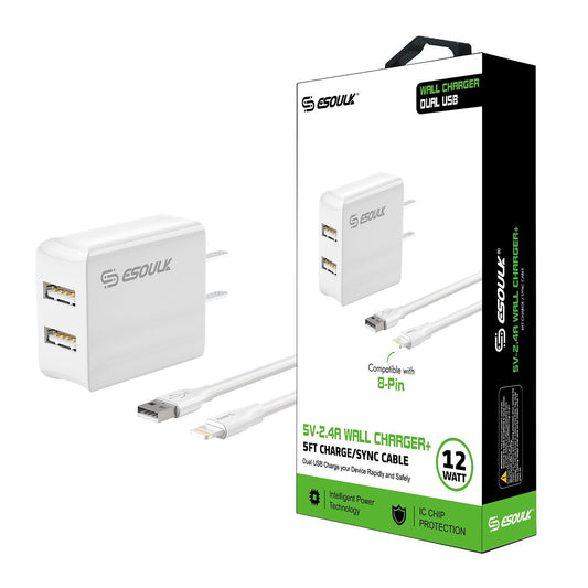 EC44P-IP-WH 2.4A Dual USB Wall Charger & 5FT Cable for 8Pin - ESoulk Juego Cargador Enchufe 5 Pies