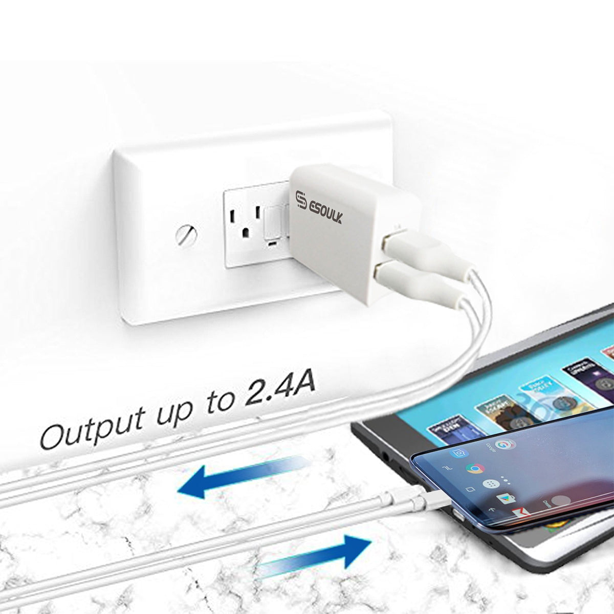 EC44P-TPC-WH Esoulk 12W 2.4A Dual USB Travel Wall Charger With 5FT Type-C Charging Cable - eSoulk EC44P-V9 Juego de cargador de pared de 2,4 A con cable de 5 pies/1,5 m