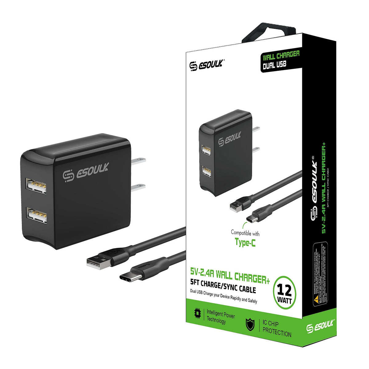 EC44P-TPC-WH Esoulk 12W 2.4A Dual USB Travel Wall Charger With 5FT Type-C Charging Cable - eSoulk EC44P-V9 Juego de cargador de pared de 2,4 A con cable de 5 pies/1,5 m