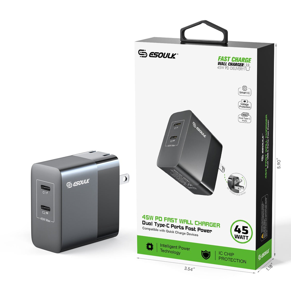 EK-2002BK 45W PD Dual Type-C FAST WALL CHARGER - Esoulk cargador de pared rápido de suministro de energía USB-C de 45 W