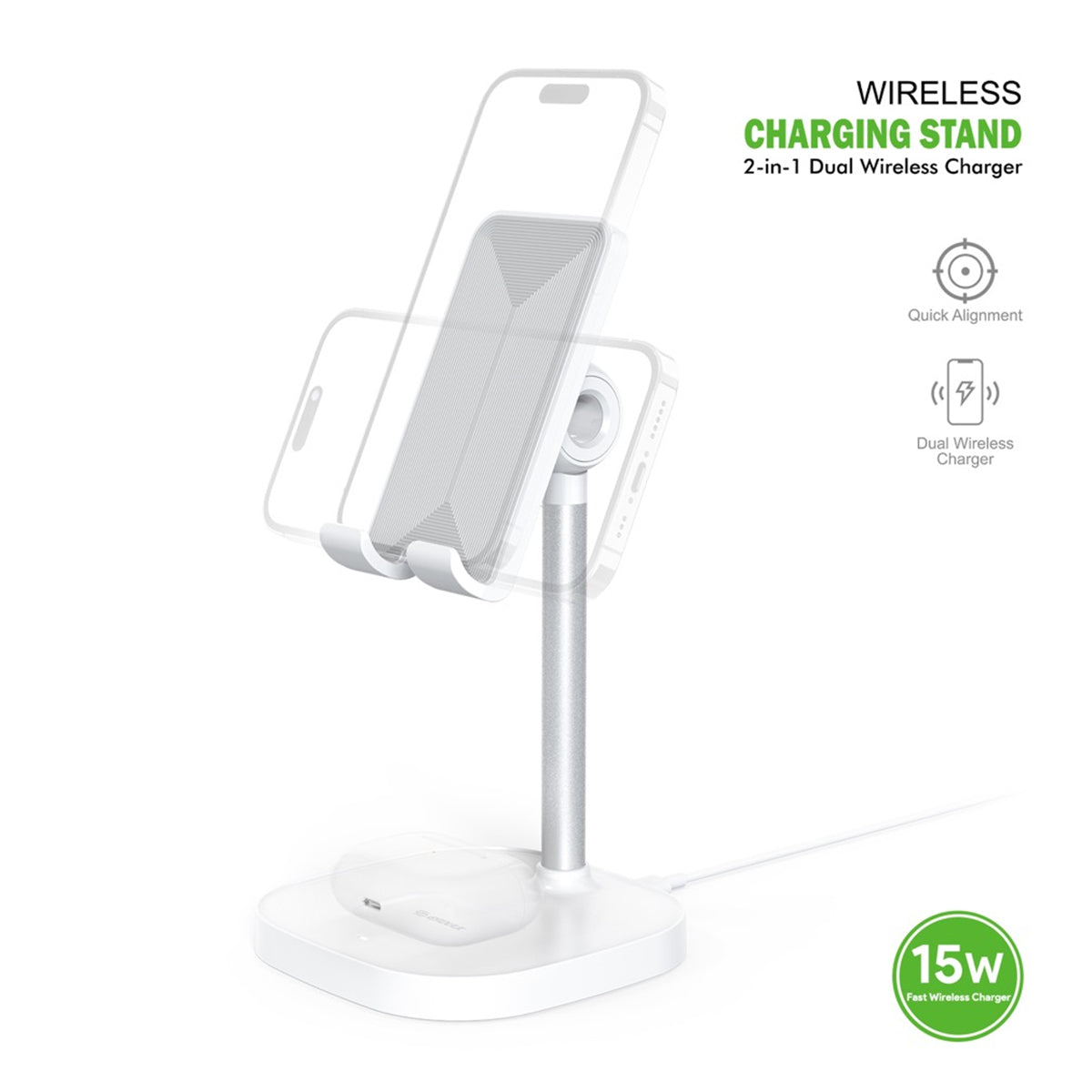 EK-6002WH 15W 2-in-1 Wireless Charging Stand - Soporte de carga inalámbrica Cargador inalámbrico dual 2-1