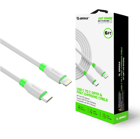 EC34P-CL-WH eSoulk Cable USB-C de carga rápida PD de 6 pies a iPhone (Blanco)