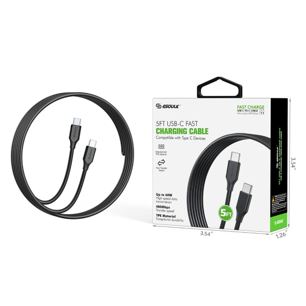 Esoulk C-to-C - Cable de carga rápida - 60 W, 5 pies, negro