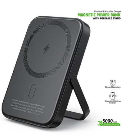 Esoulk Powerbank inalámbrico magnético plegable con batería de 5000 mAh y soporte plegable