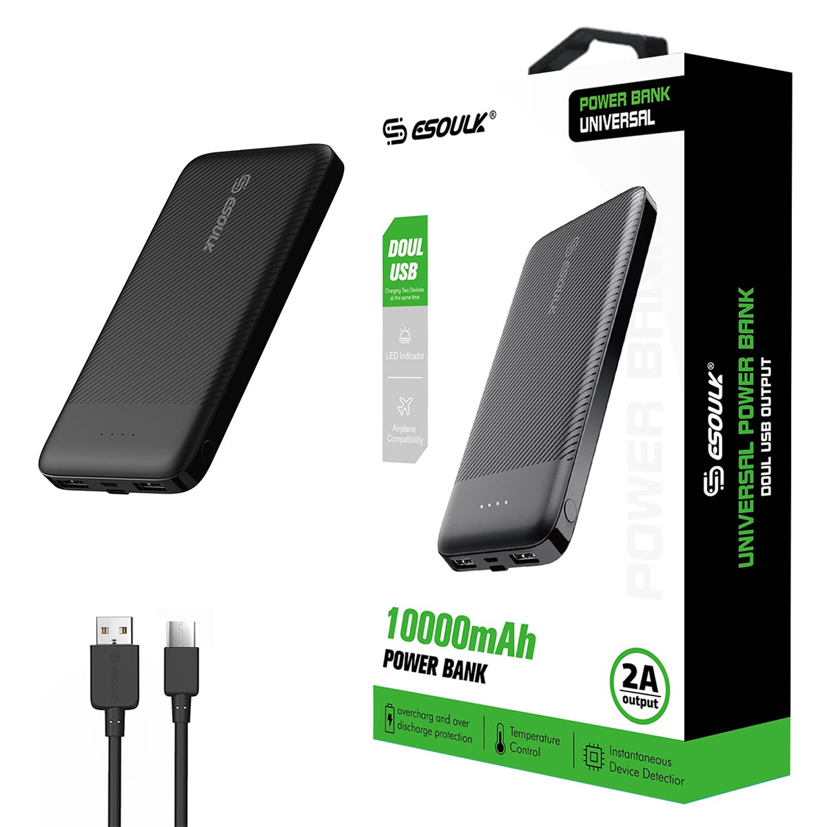 EP06P-BK Esoulk Dual USB Power Bank 10000mAh - ESoulk banco de energía EP06P-BK 2A