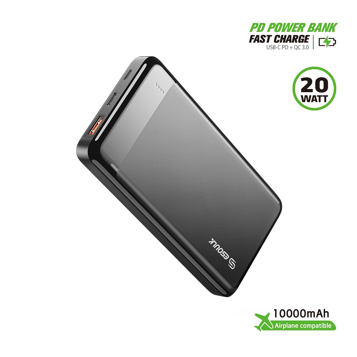 EP26-BK 10000mAh PD20W / QC18W POWER BANK - ESoulk banco de energía dual USB-A y USB-C PD20W/QC18W