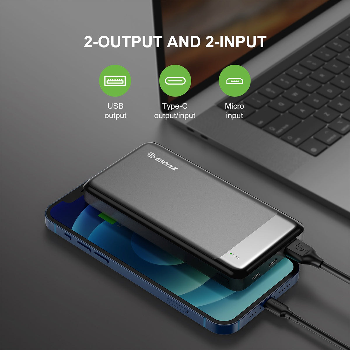 EP26-BK 10000mAh PD20W / QC18W POWER BANK - ESoulk banco de energía dual USB-A y USB-C PD20W/QC18W