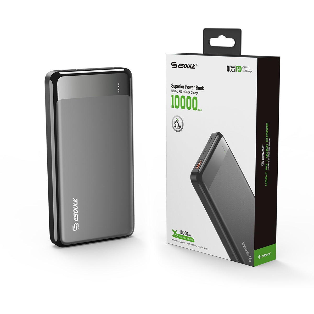 EP26-BK 10000mAh PD20W / QC18W POWER BANK - ESoulk banco de energía dual USB-A y USB-C PD20W/QC18W