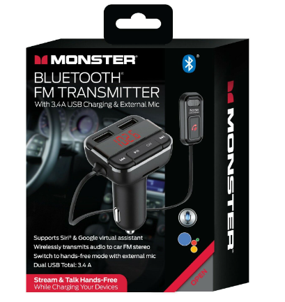 Monster Transmisor FM Bluetooth/Adaptador Carga USB/Micrófono Incorporado - Monster Bluetooth FM Transmitter/USB Charging Adapter/Built-in Microphone